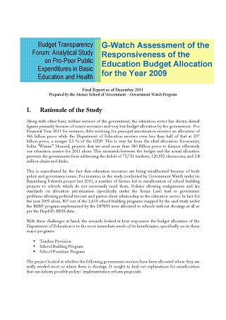 G-Watch Assessment of the Responsiveness of the Education Budget Allocation for the Year 2009 